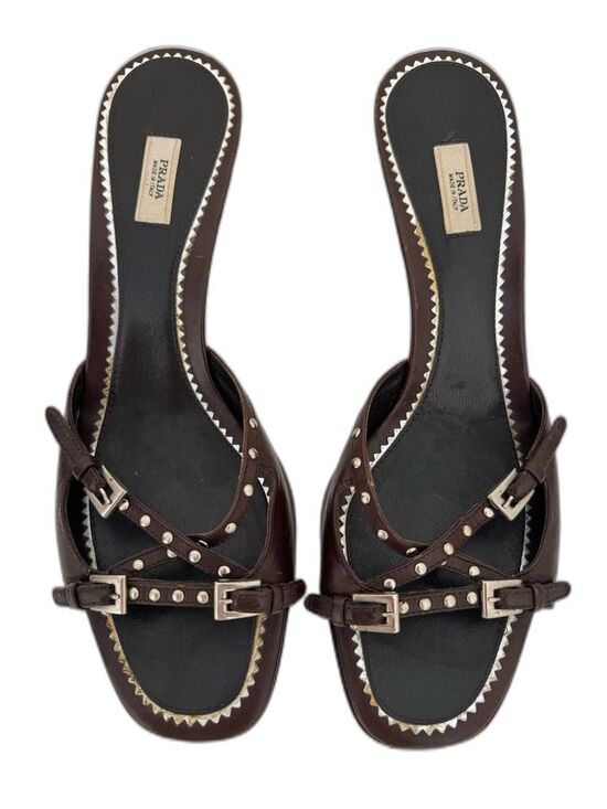 Prada Shoes - Prada EU 39 Brown Leather Buckle Studded Low Kitten Heel Open Toe Sandals Shoes